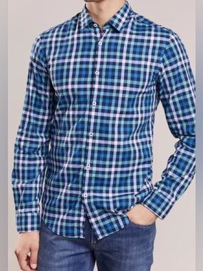 Hugo Boss Blue Black White Plaid Casual Button-Down Shirt